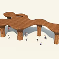 Garden Landscape Featuring Wooden Canopy Structure With Supporting Pillars And People Around