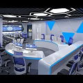 Modern Control Room Interior With Curved Consoles Multiple Monitors And Blue Chairs