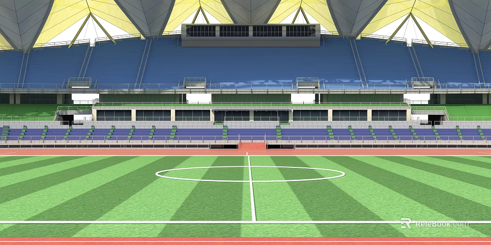 Modern Sports Stadium With Green Football Pitch Running Track And Blue Seats 3d model 