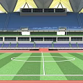 Modern Sports Stadium With Green Football Pitch Running Track And Blue Seats