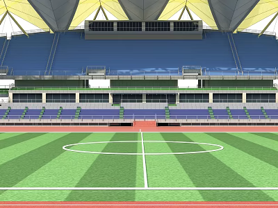 Modern Sports Stadium With Green Football Pitch Running Track And Blue Seats 3d model