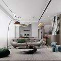 Modern Living Dining Room Interior Design With Grey Sofa Green Bean Bag Bar Counter And Artwork