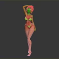 Woman In Green Bikini Posing With Hand On Head Against Grey Background