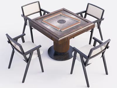 Square Wooden Table With Gaming Surface And Four Wicker Back Padded Chairs Set 3d model