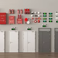 Comprehensive Fire Equipment Display With Red Extinguishers Cabinets And Emergency Lights 3d model