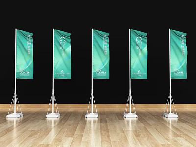 Five Green National Flags With White Stands Against Black Wall And Wooden Floor 3d model