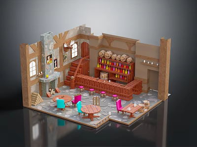 Cozy Café Interior With Stone Walls Staircase Tables Wooden Barrels Bookshelf And Colorful Chairs 3d model
