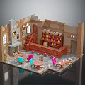 Cozy Café Interior With Stone Walls Staircase Tables Wooden Barrels Bookshelf And Colorful Chairs