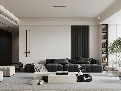 Modern Living Room Interior Design With Black Sofa White Coffee Table Green Plant And Bookshelf 3d model