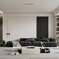 Modern Living Room Interior Design With Black Sofa White Coffee Table Green Plant And Bookshelf