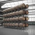 Durable Display Shelves Holding Stacked Wine Barrels in Large Indoor Glass Roof Space