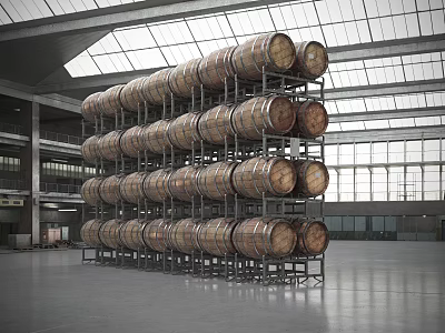 Durable Display Shelves Holding Stacked Wine Barrels in Large Indoor Glass Roof Space 3d model