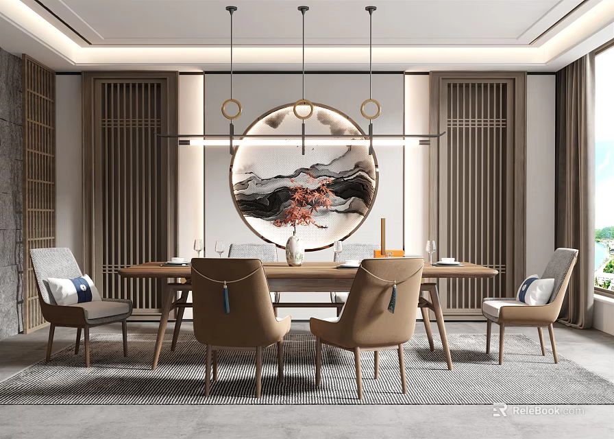 Elegant Chinese Style Restaurant Interior With Dining Table Chairs Circular Decorative Painting And Pendant Lights 3d model 