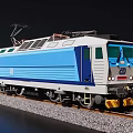 Blue And White Electric Train Model On Railway Track With Detailed Design