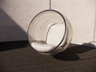 Unique Spherical Hanging Sofa With Transparent Frame And White Cushion In Modern Interior 3d model