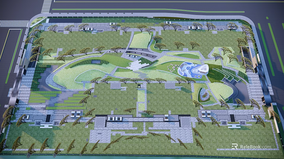 Harmonious Garden Landscape Design with Curved Paths Lush Greenery and Water Features 3d model 