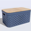 Blue Perforated Stool With Wooden Top For Modern Home Decor