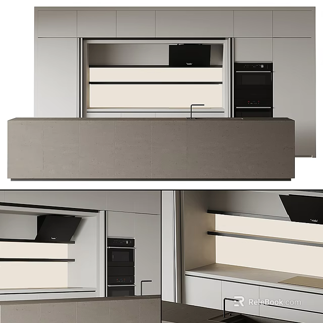 Modern Kitchen Interior With Gray Island Counter White Cabinets And Built In Appliances 3d model 