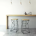 Modern Geometric Bar Stools With Metal Frames And Wooden Seats Against Brick Wall