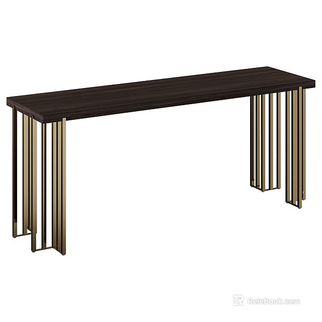 Modern Functional Desk with Dark Wood Top and Gold Metal Legs 3d model 