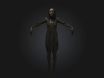 Eerie Humanoid Figure In Tattered Dress With Outstretched Limbs Against Dark Background 3d model