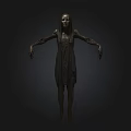 Eerie Humanoid Figure In Tattered Dress With Outstretched Limbs Against Dark Background