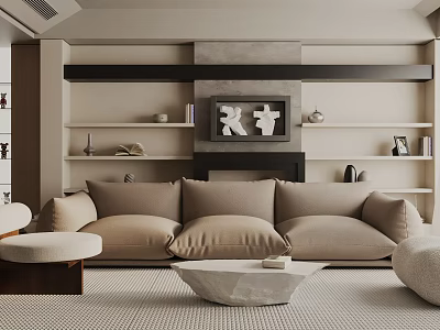 Elegant Modern Living Room Interior With Beige Sofa White Coffee Table And Decorative Bookshelves 3d model