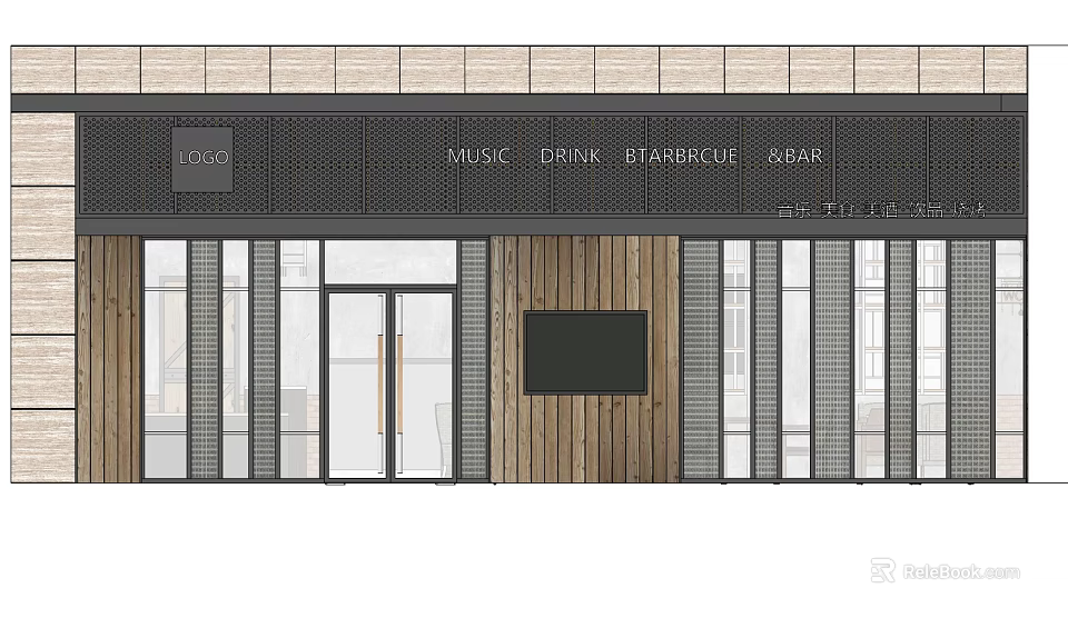 Modern Music Drink BBQ Beer Venue Exterior With Wooden Panels Metal Grille And Large Windows 3d model 