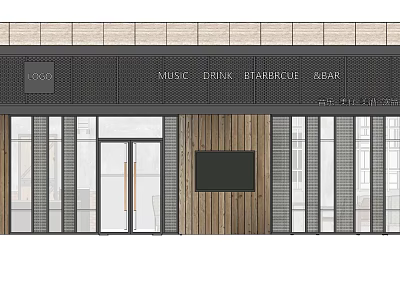 Modern Music Drink BBQ Beer Venue Exterior With Wooden Panels Metal Grille And Large Windows 3d model