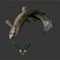 Fantasy Game Movie Character Fairy With Green Wings Standing By Giant Rainbow Trout