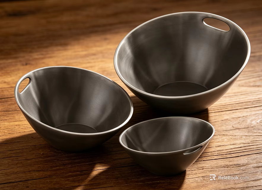 Black Dinnerware Set with Three Different Sizes Bowls with Handles on Wooden Table 3d model 