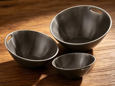 Black Dinnerware Set with Three Different Sizes Bowls with Handles on Wooden Table 3d model