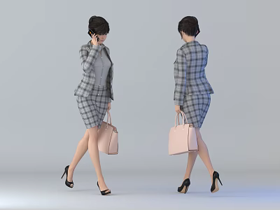 Business Woman In Plaid Suit Carrying Pink Handbag And High Heels 3d model
