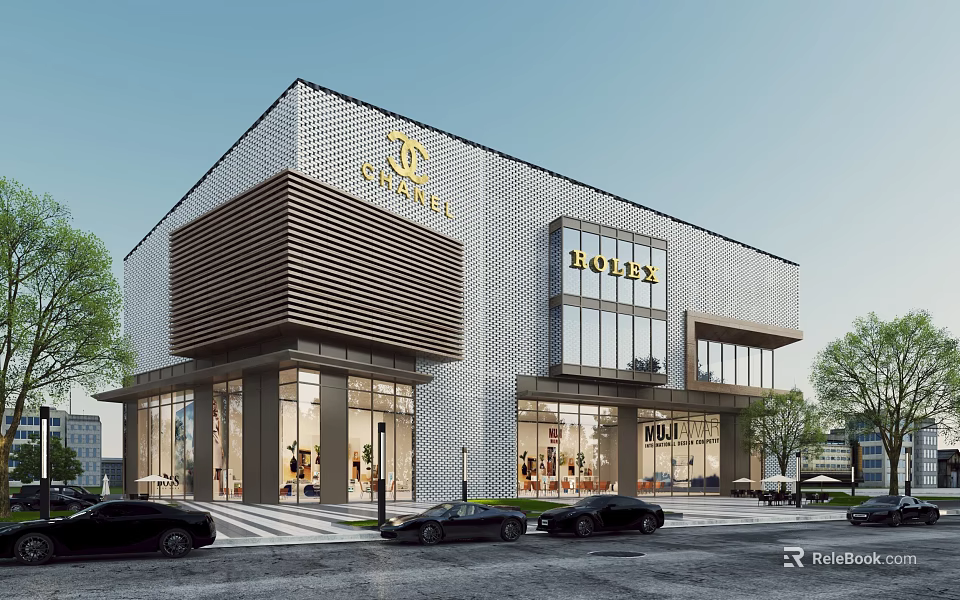 Modern Commercial Complex With Luxury Brands Chanel Dior Glass Facade And Contemporary Architecture 3d model 
