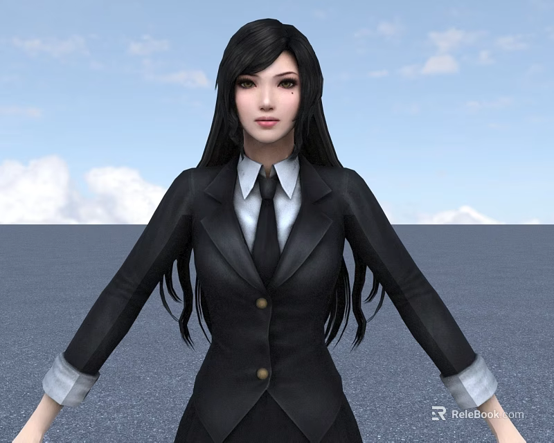 A Woman In Black Blazer White Shirt And Black Tie Against Blue Sky Gray Ground 3d model 