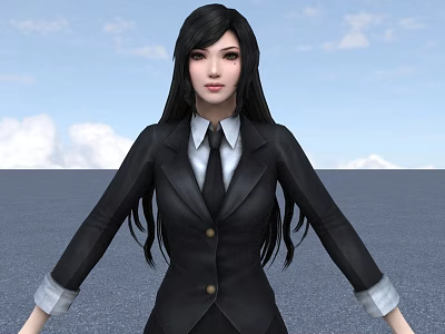 A Woman In Black Blazer White Shirt And Black Tie Against Blue Sky Gray Ground 3d model