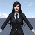 A Woman In Black Blazer White Shirt And Black Tie Against Blue Sky Gray Ground