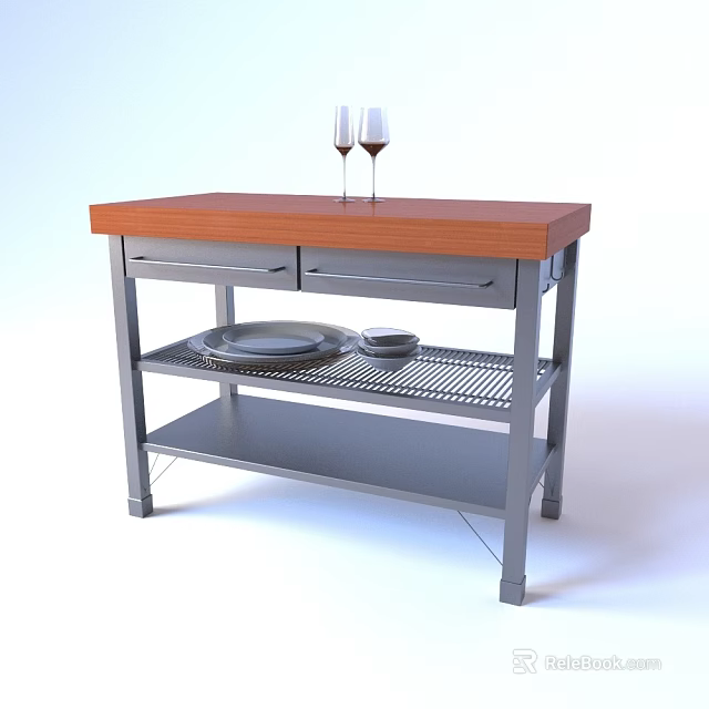 Kitchen Prep Table With Wooden Top And Metal Frame Drawers Shelves Wine Glasses And Plates 3d model 