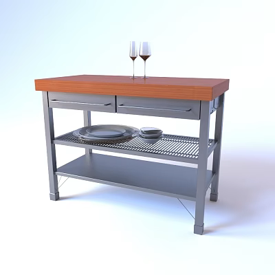 Kitchen Prep Table With Wooden Top And Metal Frame Drawers Shelves Wine Glasses And Plates 3d model