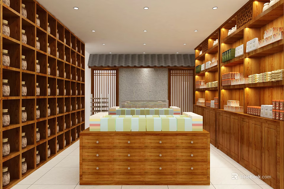 Traditional Specialty Store Interior with Wooden Shelves Jars and Central Counter 3d model 