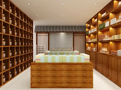 Traditional Specialty Store Interior with Wooden Shelves Jars and Central Counter 3d model