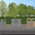 Public Park Classified Trash Bins With Recycling Signs And Green Trees