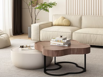 Modern Minimalist Coffee Table With Walnut Top Black Metal Base And White Round Side Table 3d model