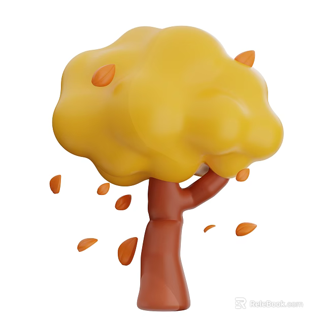 Vibrant Yellow Canopy Tree With Brown Trunk And Falling Orange Leaves 3d model