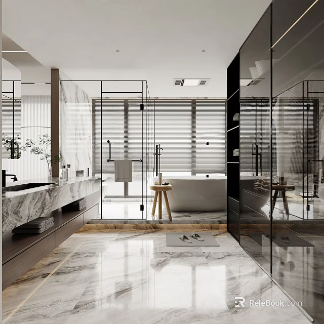 Modern Bathroom Interior With Marble Surfaces Glass Shower Enclosure Bathtub And Double Sinks 3d model 