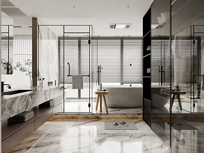 Modern Bathroom Interior With Marble Surfaces Glass Shower Enclosure Bathtub And Double Sinks 3d model