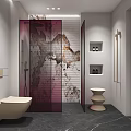Modern Bathroom with Double Oval Mirrors Marble Texture Wall Vanity Black Countertop Cabinets Towels Toiletries