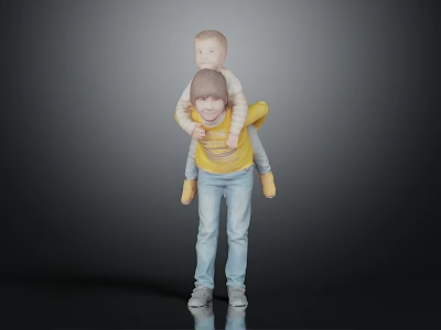 Two Kids Enjoying Piggyback Ride In Casual Outfits 3d model