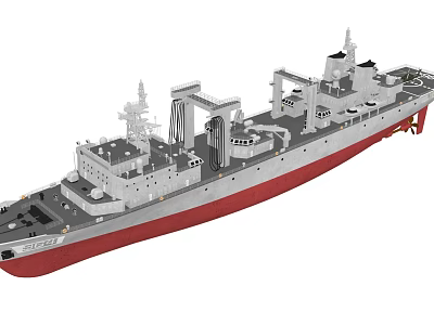 Modern Warship With Gray Hull Red Bottom and Upper Deck Structures 3d model