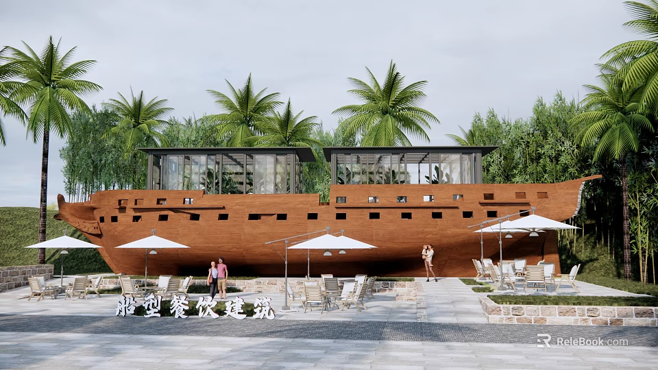 Boat Shaped Guesthouse Building Surrounded By Palm Trees With Outdoor Seating And Umbrellas 3d model 